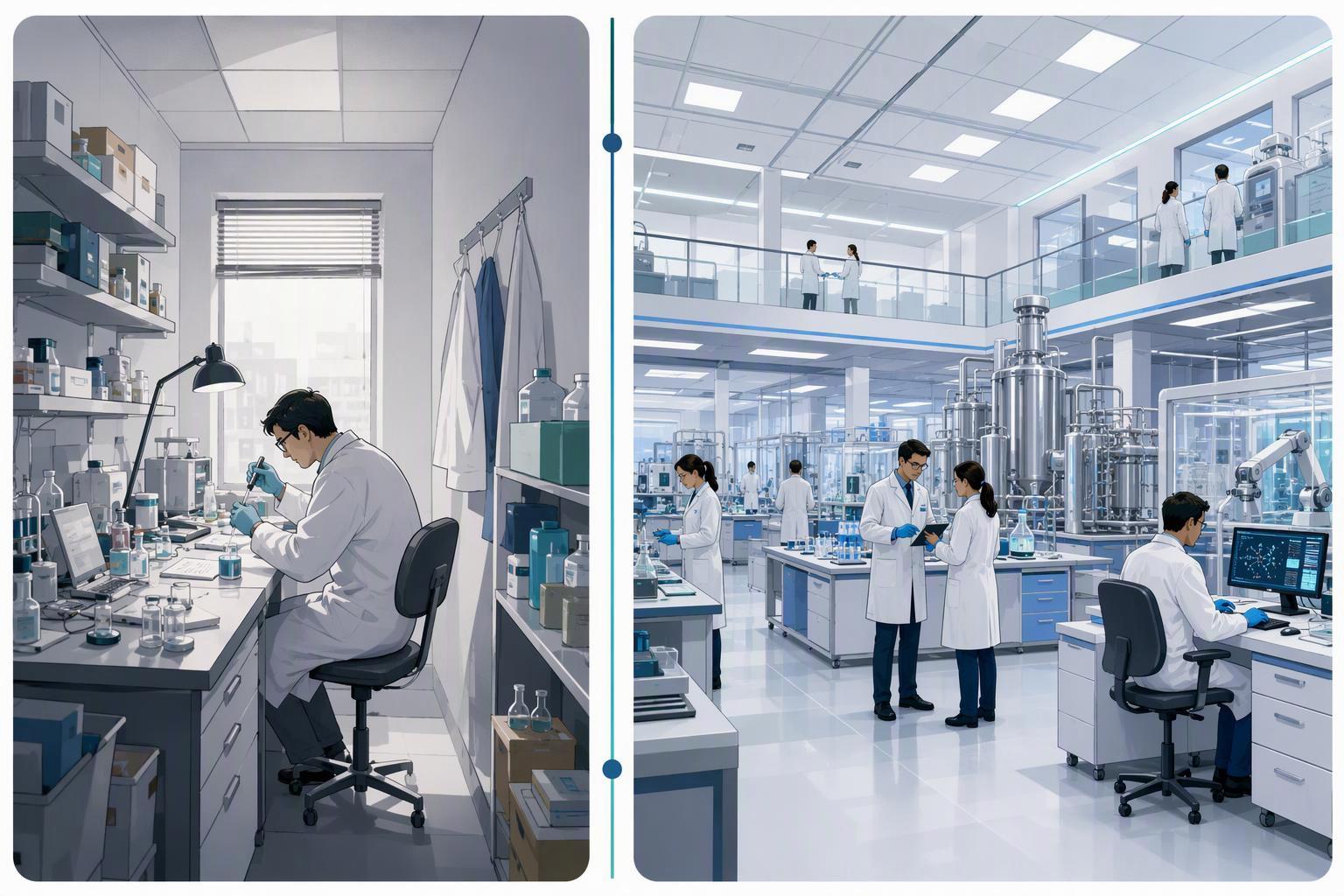 a simple two-column before/after panel: left column shows a preclinical asset held by a single Shanghai-based originator, right column shows the same 