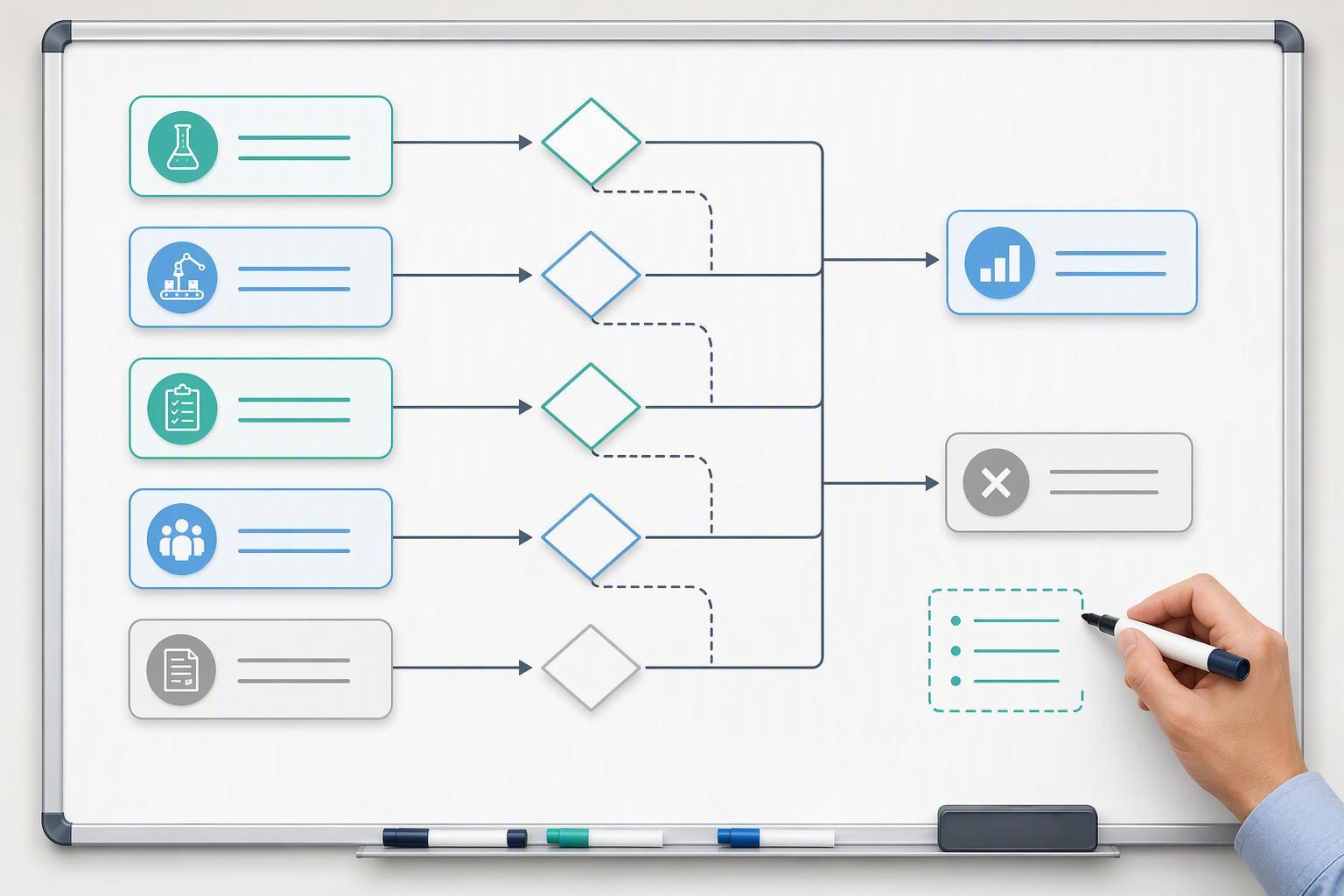 a comparability decision flow showing which change types trigger a comparability study and which acceptance criteria apply before release