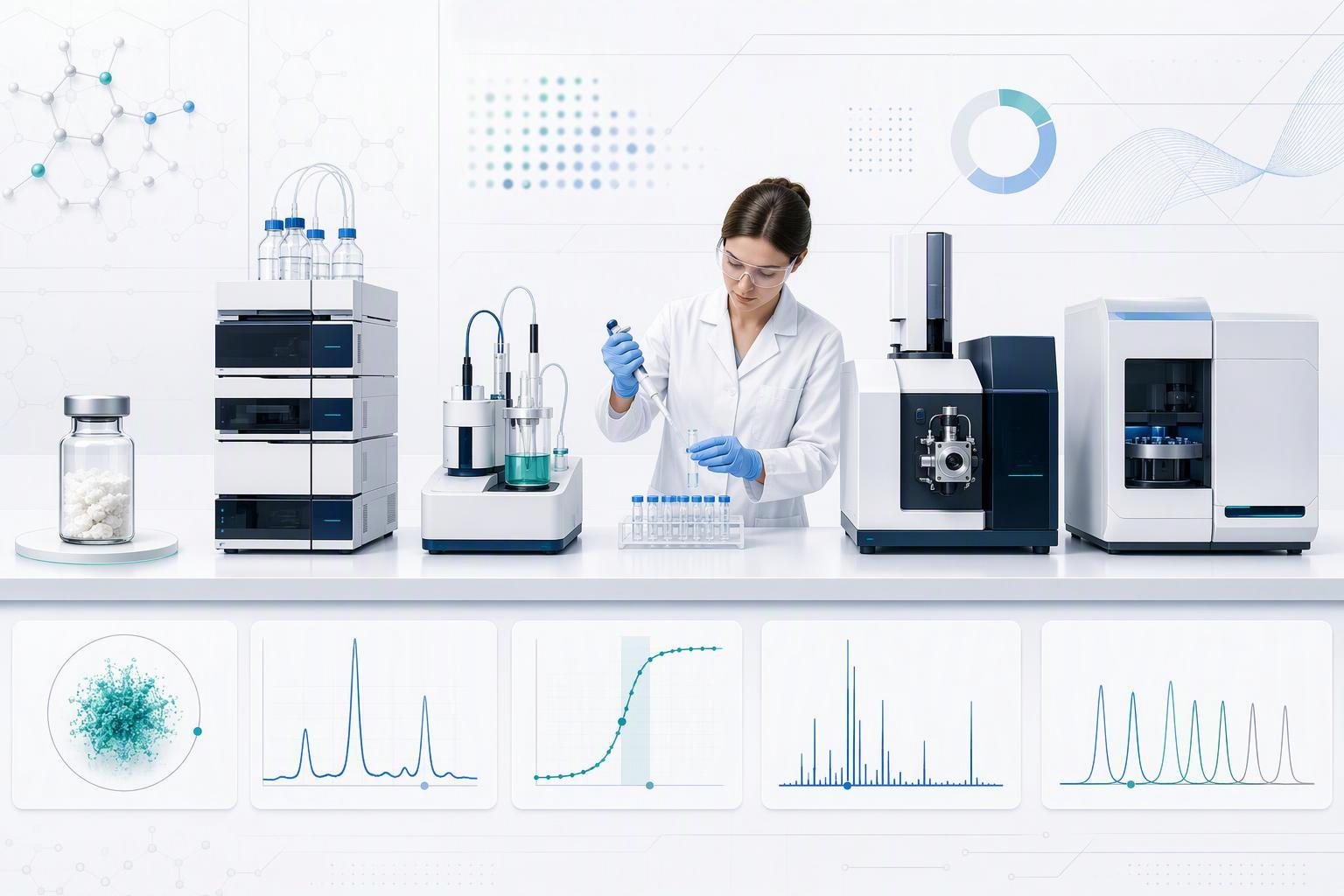a left-to-right flow from a lyophilized vial through RP-HPLC area-percent purity, Karl Fischer water determination, intact-mass LC-MS, and amino-acid-