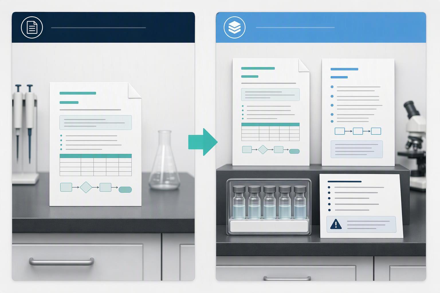a side-by-side comparison of a thin method package (procedure text only) and a transfer-ready package (procedure plus integration rules, reference-sta