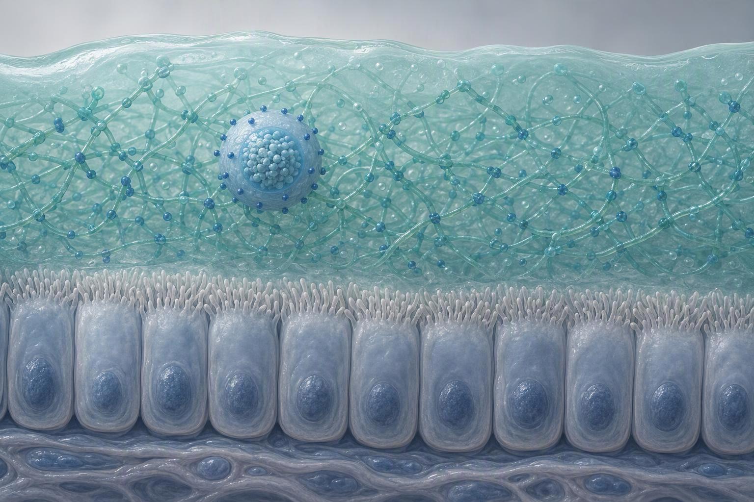 a cross-section of a mucosal surface showing the mucus gel layer, its fiber mesh, and the epithelial cell layer beneath, with a peptide-loaded colloid