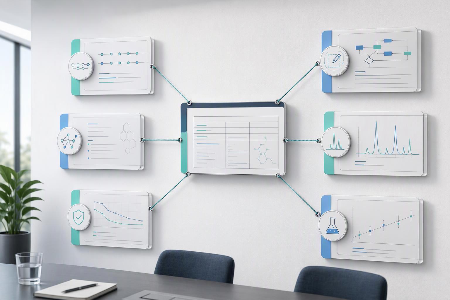 a hub-and-spoke map showing a central lot record with spokes to sequence record, modification history, chromatogram, method record, stability protocol