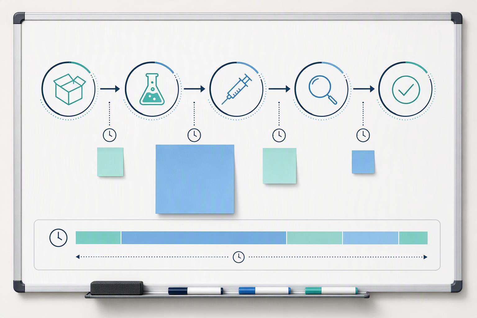 a peptide sample's path from receipt through preparation, injection, review and result release, with elapsed time and wait time marked at each handoff
