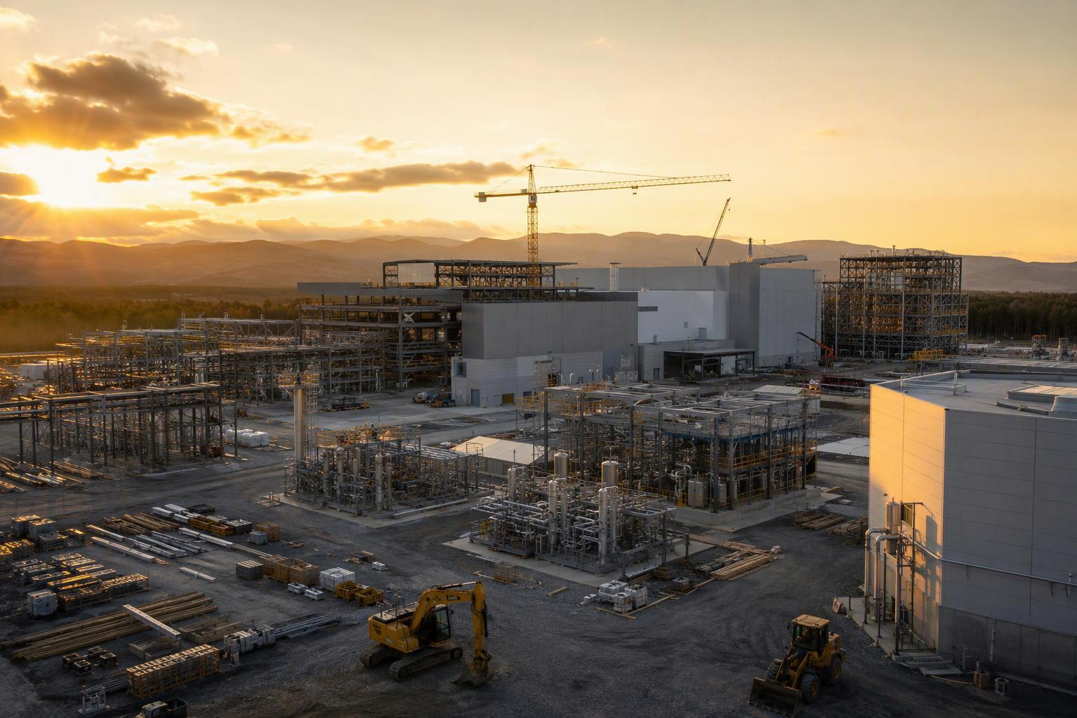 a large-scale biopharmaceutical manufacturing campus under construction, steel frame and modular process skids visible