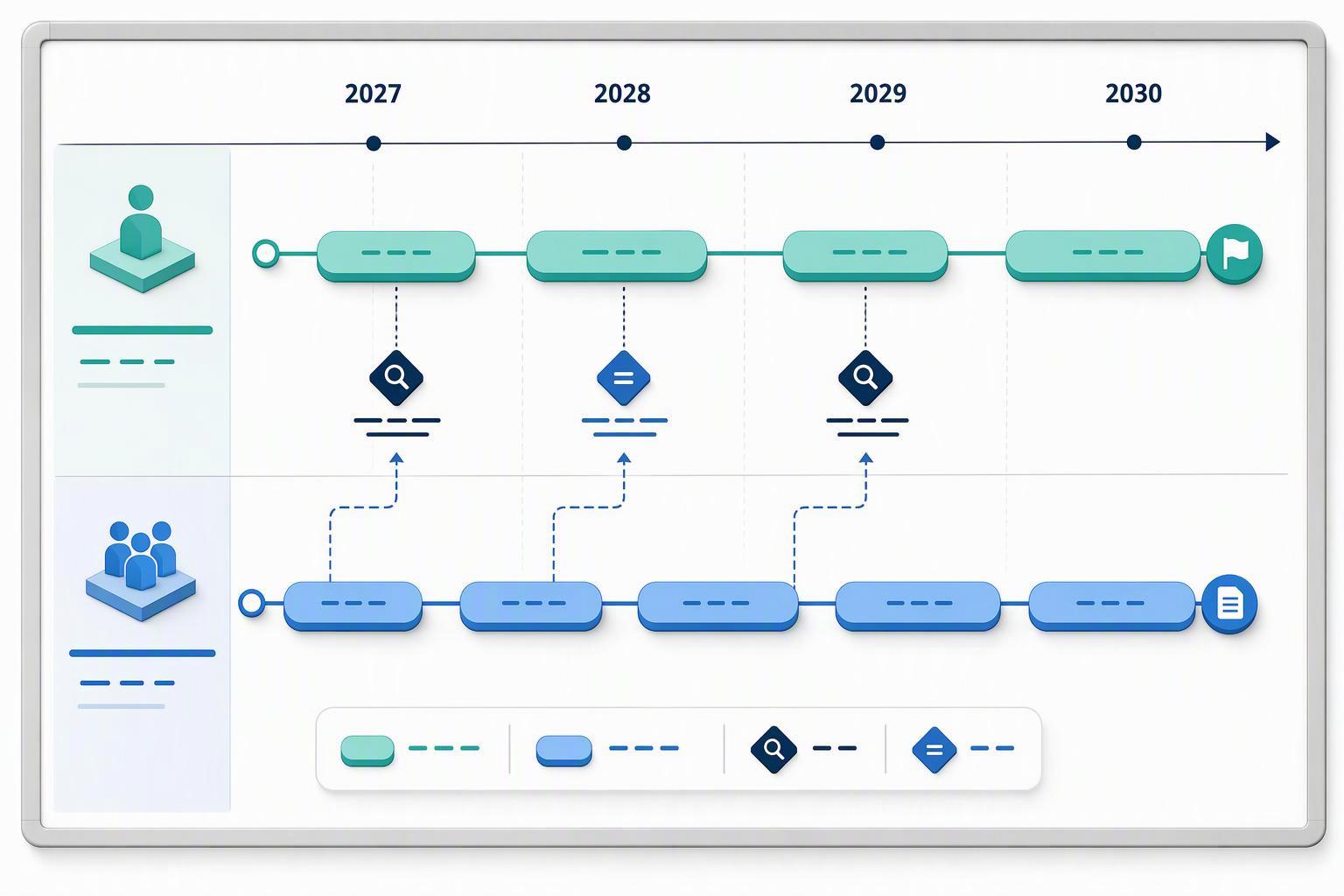 a two-swimlane timeline from 2027 rau 2030, one lane for sponsor milestones and one for partner evidence packages, with audit
