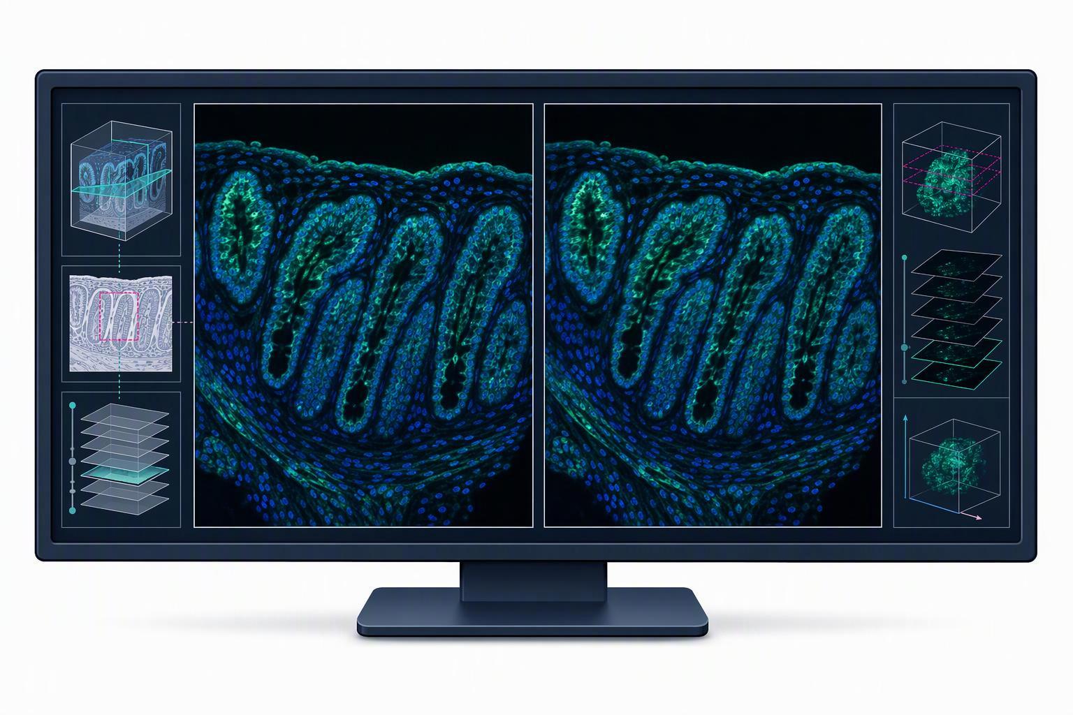 two adjacent images of the same tissue region, the left showing a bright signal that a naive read would call specific, នេះ។