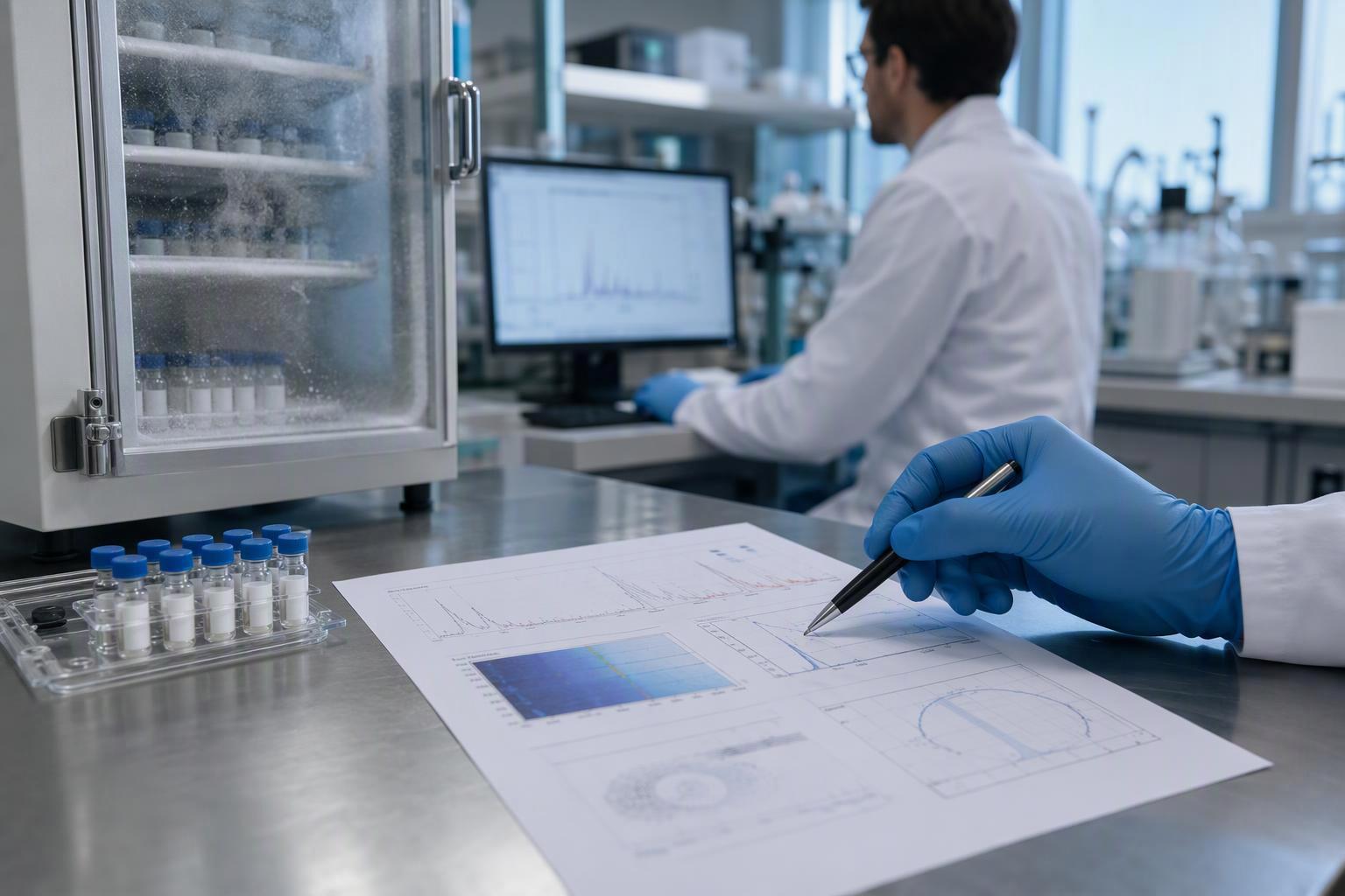 a peptide certificate of analysis with the purity percentage, ការបញ្ជាក់អត្តសញ្ញាណ MS, net peptide content and assay result