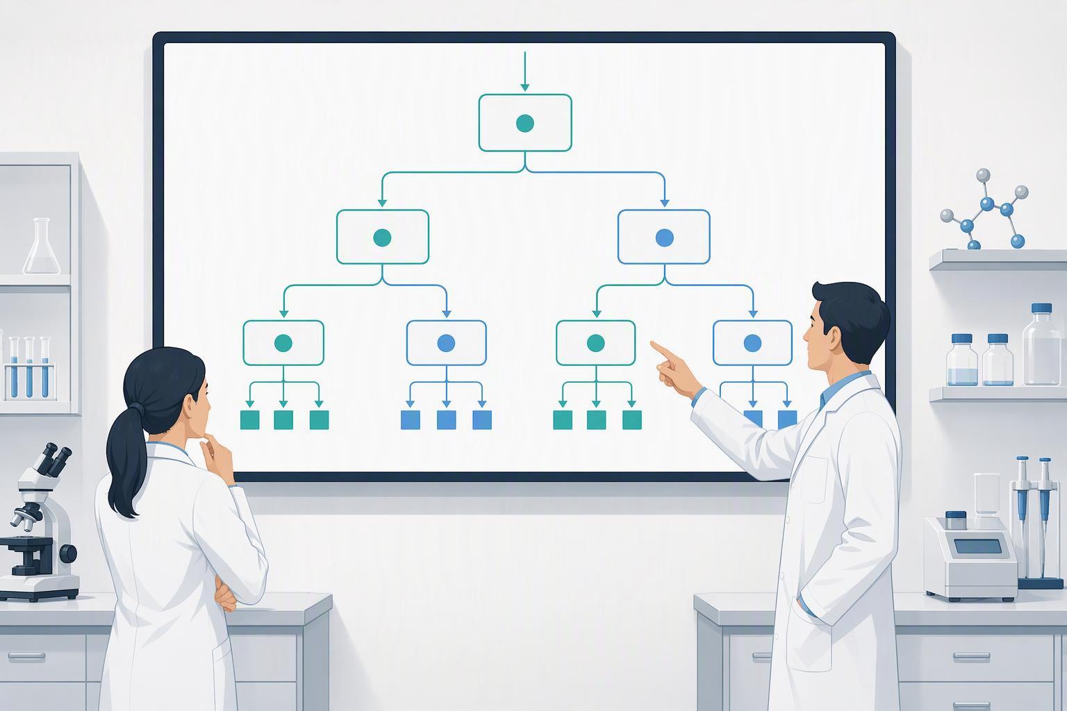 a decision flow that takes a peptide sequence through four checks — hydrophobicity and aggregation propensity, chain length