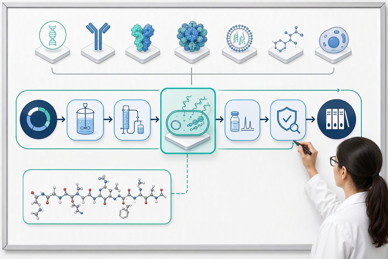 a single horizontal workflow band showing vector construction, cell line development, process and formulation development