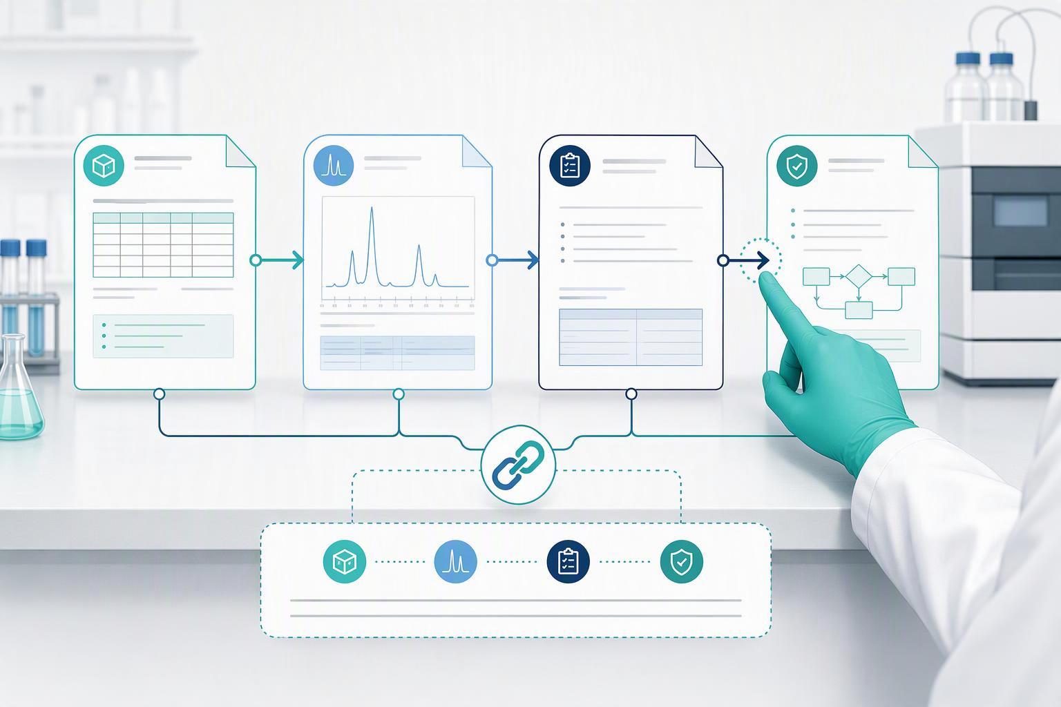 a left-to-right chain linking a lot record to its chromatogram to the method record to the stability protocol, with the