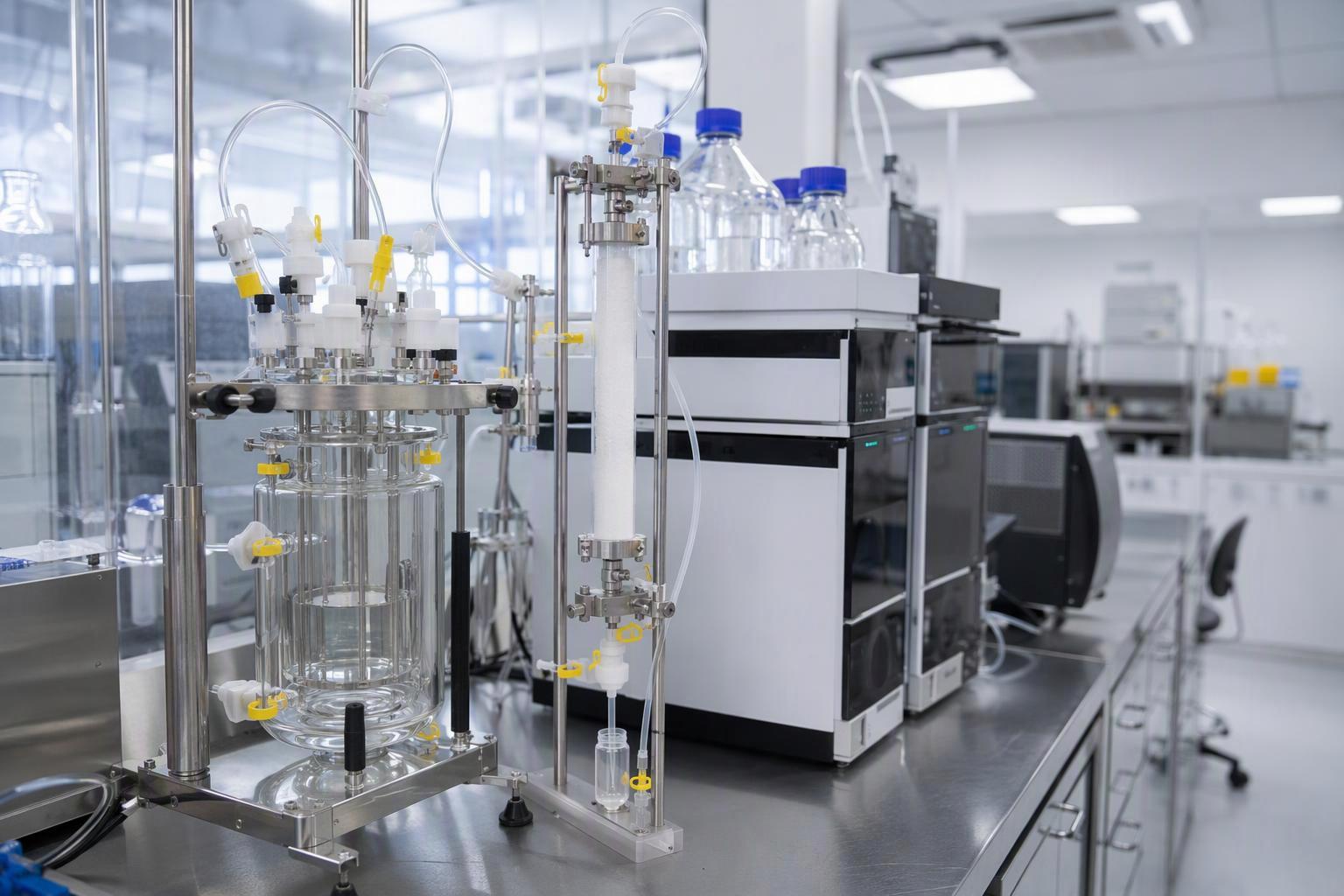 a labelled peptide synthesis and purification train with fluorinated components marked, from the reaction vessel seals