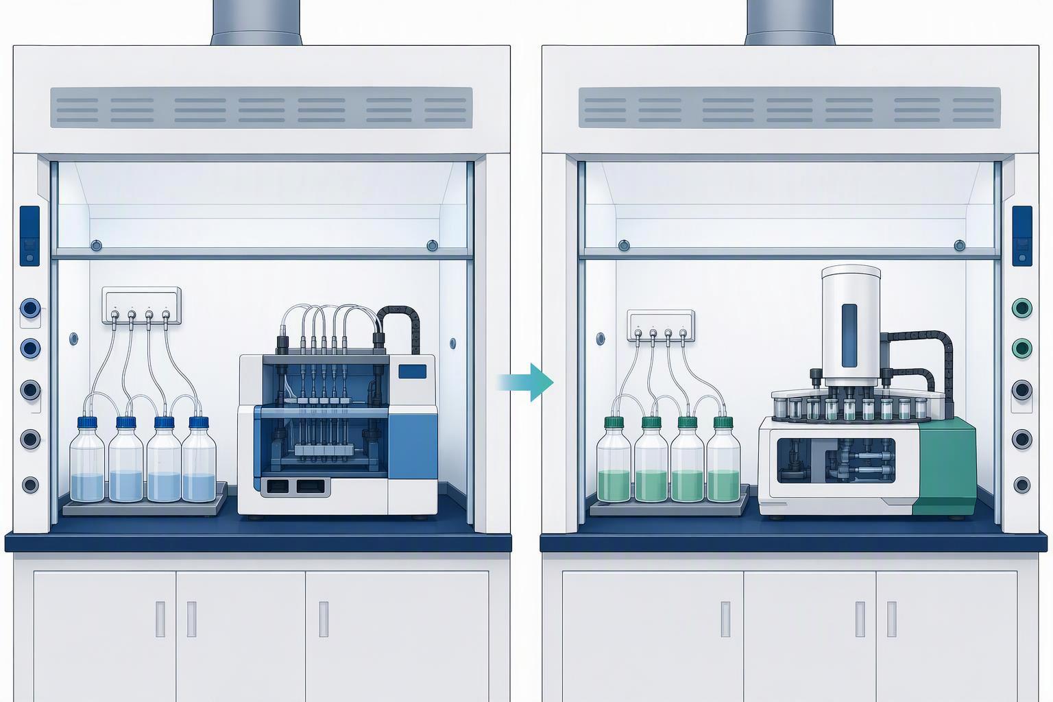 a side-by-side panel of conventional DMF-based SPPS against a candidate alternative-solvent system, annotated with the