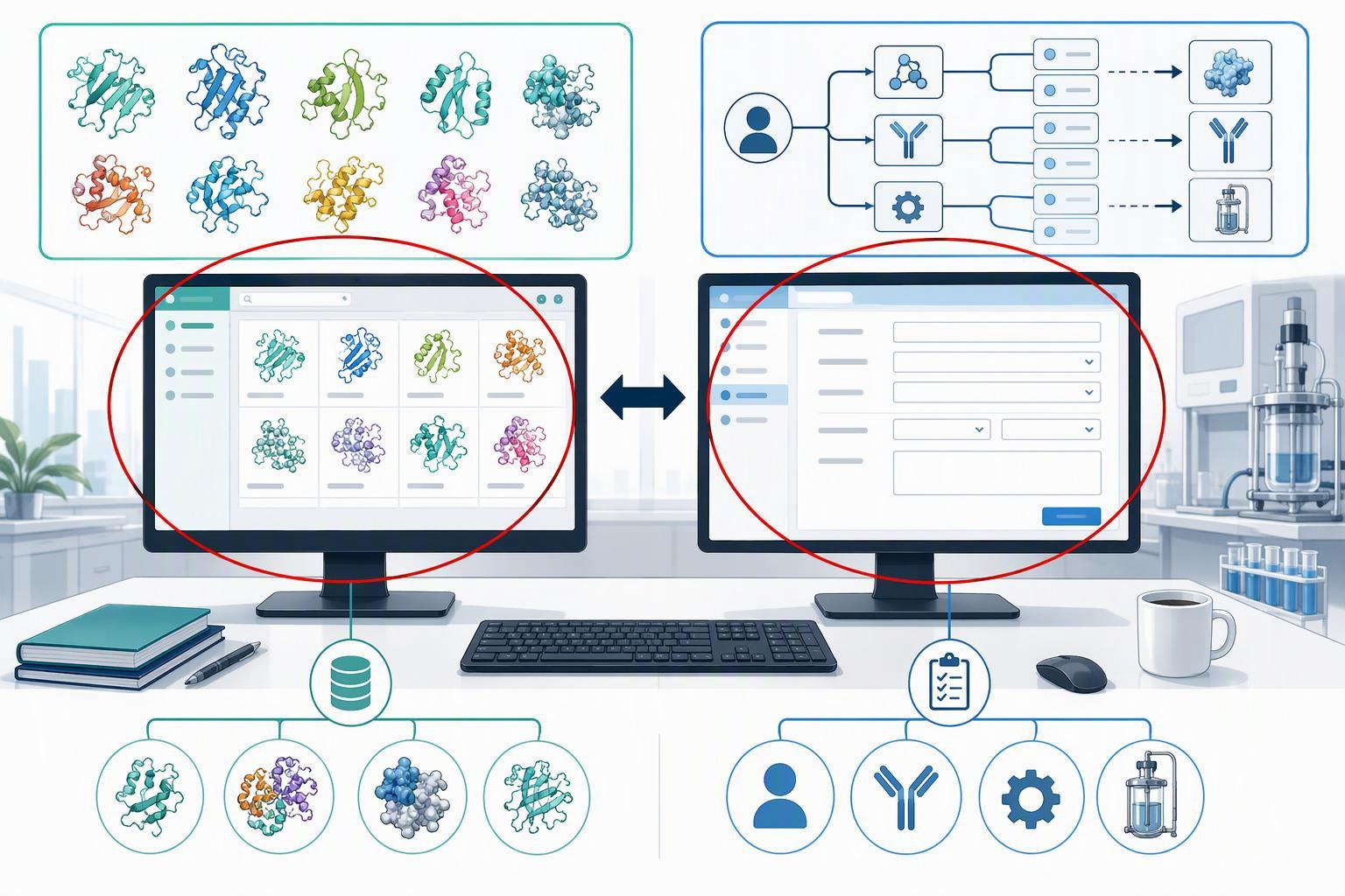 two supplier service pages side by side, one showing a catalog grid of recombinant cytokines and growth factors, the other