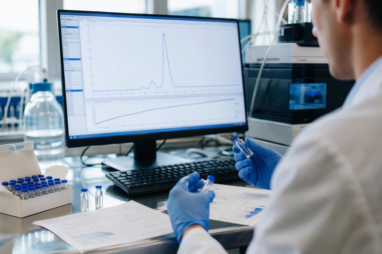 a reversed-phase HPLC chromatogram of a crude modified-peptide synthesis with the main peak, the deletion and truncation