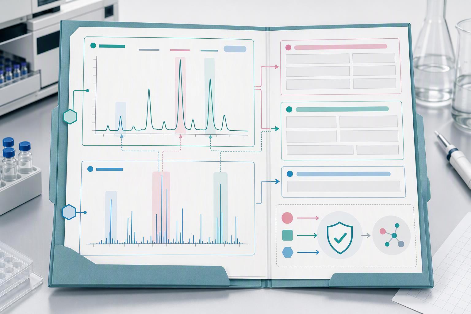 a specimen analytical data package laid out as a decision table, with an HPLC trace, an MS spectrum and the corresponding