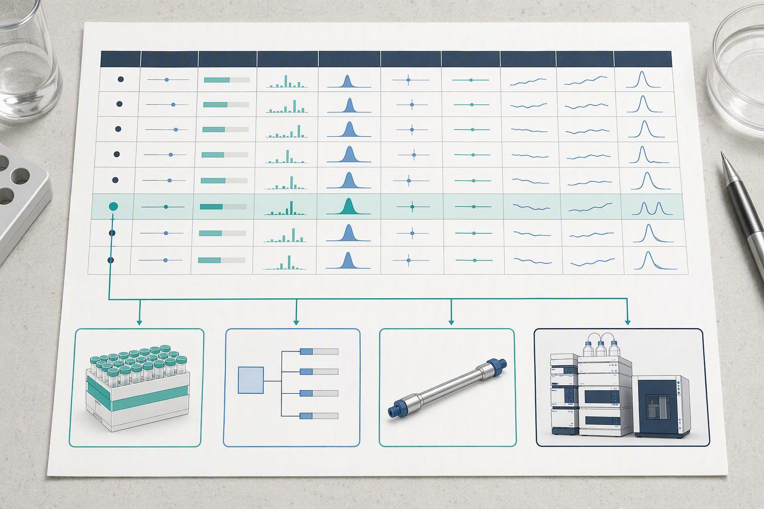 a per-injection reporting table with columns for injection number, timepoint, intact-peptide recovery, degradation-product