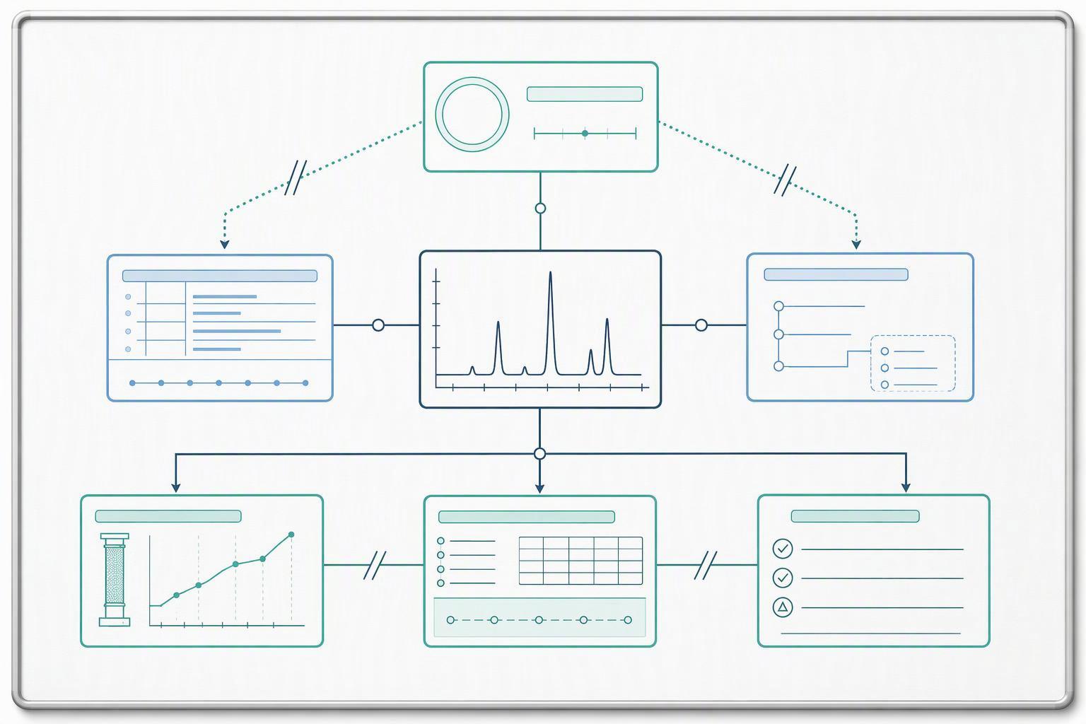 a record-traceability chain running from a reported purity value through the injection record, the chromatogram, វិធីសាស្រ្ត
