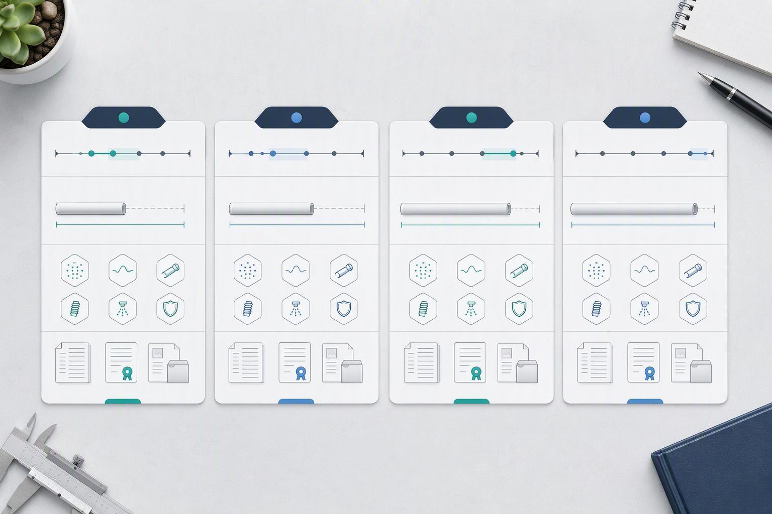 a side-by-side panel of four supplier capability cards showing published scale range, maximum length, modification menu
