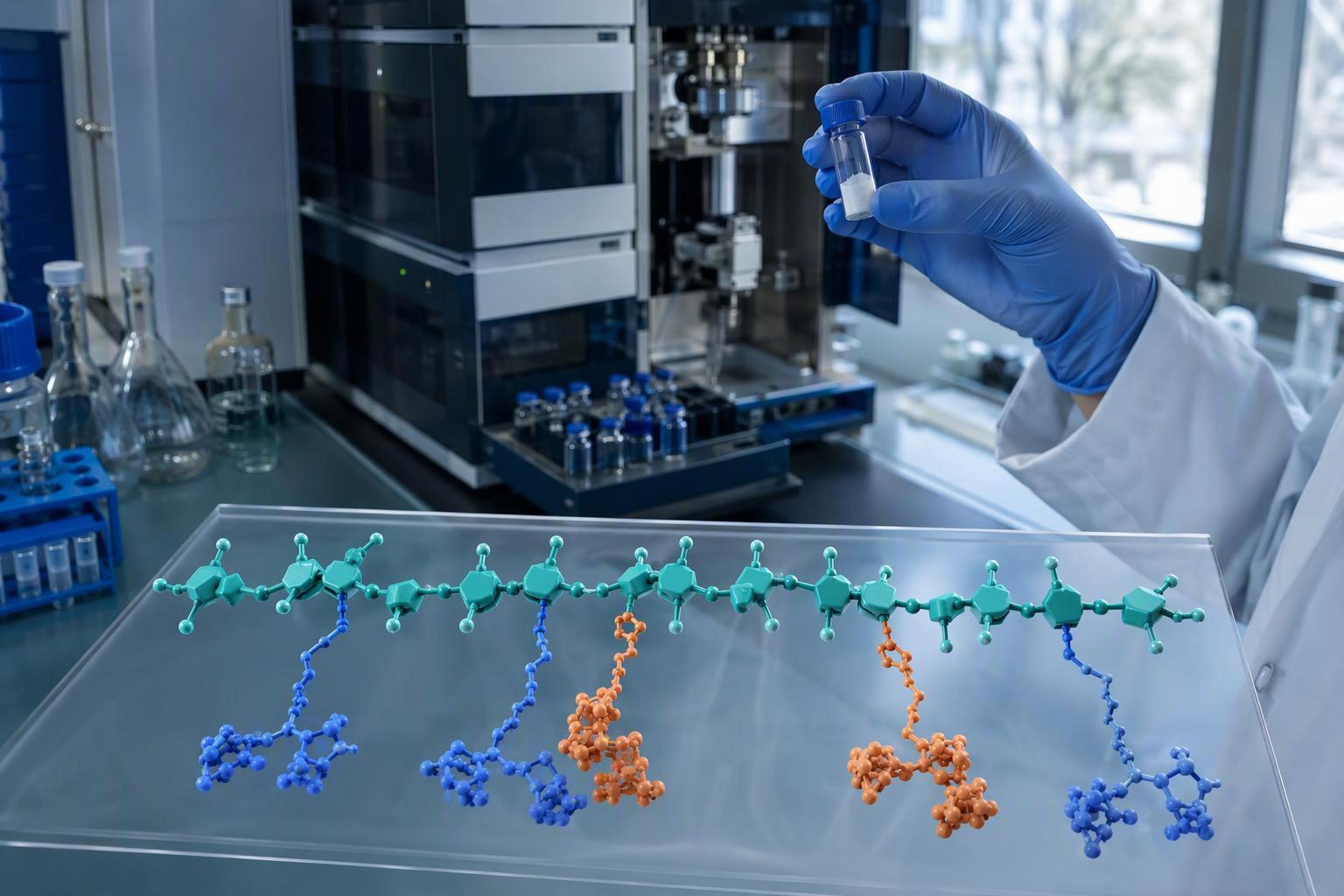 an alginate chain showing RGD peptides attached by two different coupling routes, with the density quantity each route makes
