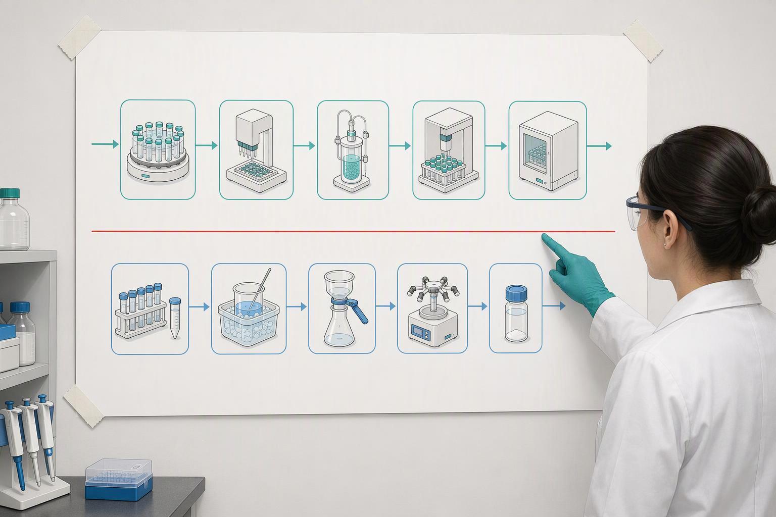 a peptide synthesis workflow diagram marking each unit operation — coupling, deprotection, washing, clivaj, purificare