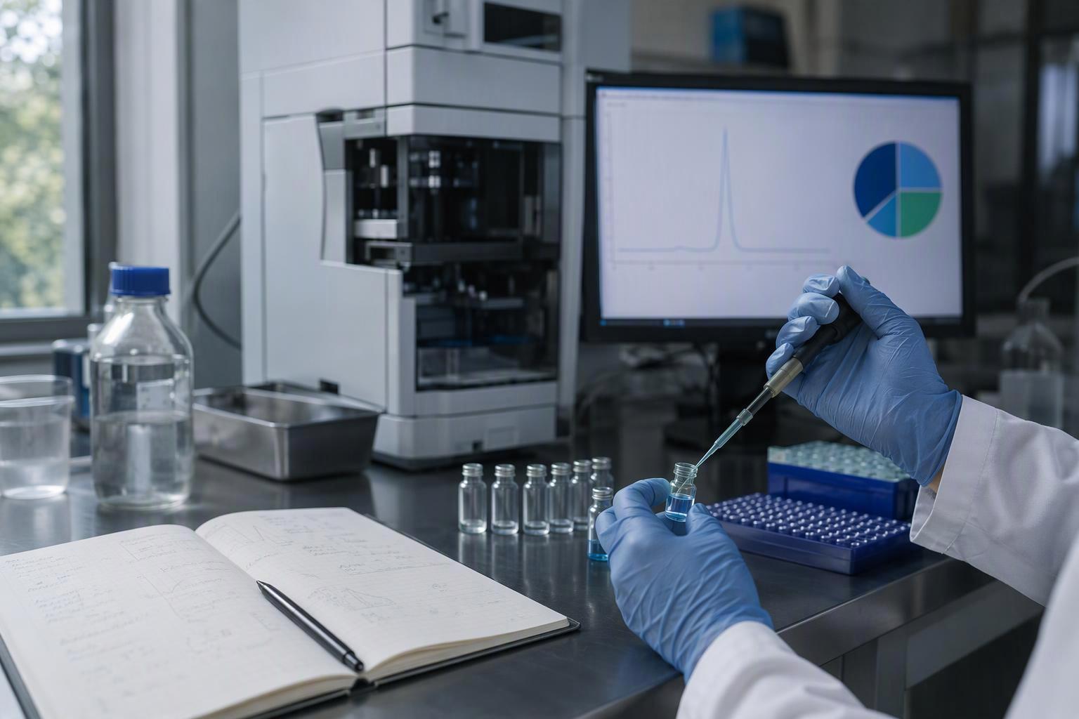 an HPLC trace with the main peak labelled as area percent purity, alongside a separate mass-balance panel showing the same