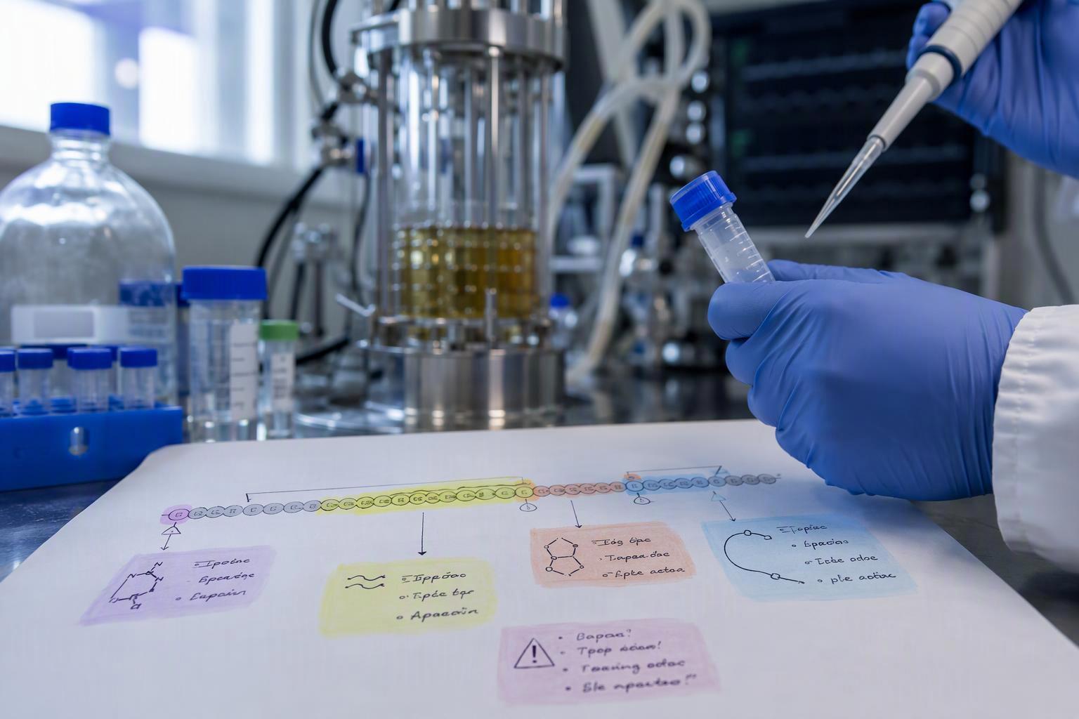 a short peptide sequence annotated with the specific features that predict synthesis difficulty — a hydrophobic stretch, UN