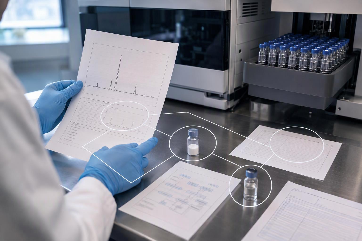 one hypothetical peptide lot's connected data package, with lot number, ក្រូម៉ាតូក្រាម, លេខសម្គាល់វិធីសាស្រ្ត, reference standard and