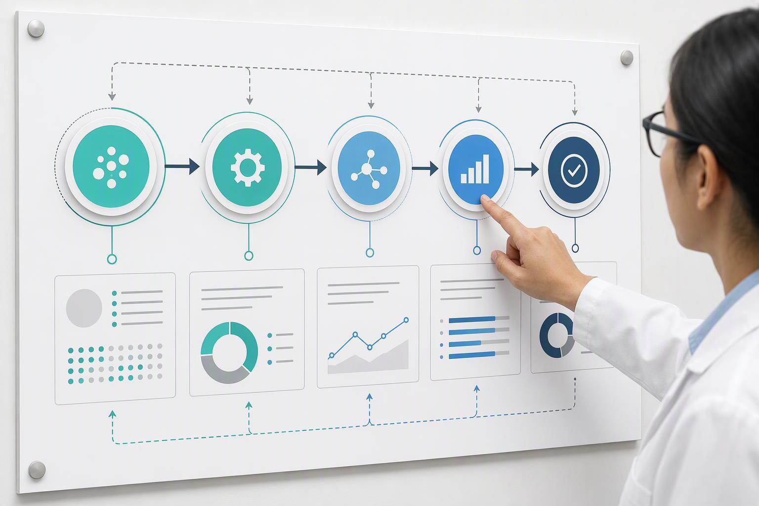 a five-stage workflow map running discovery support, assay reagents, صرف, labeling, analytical and QC, with the