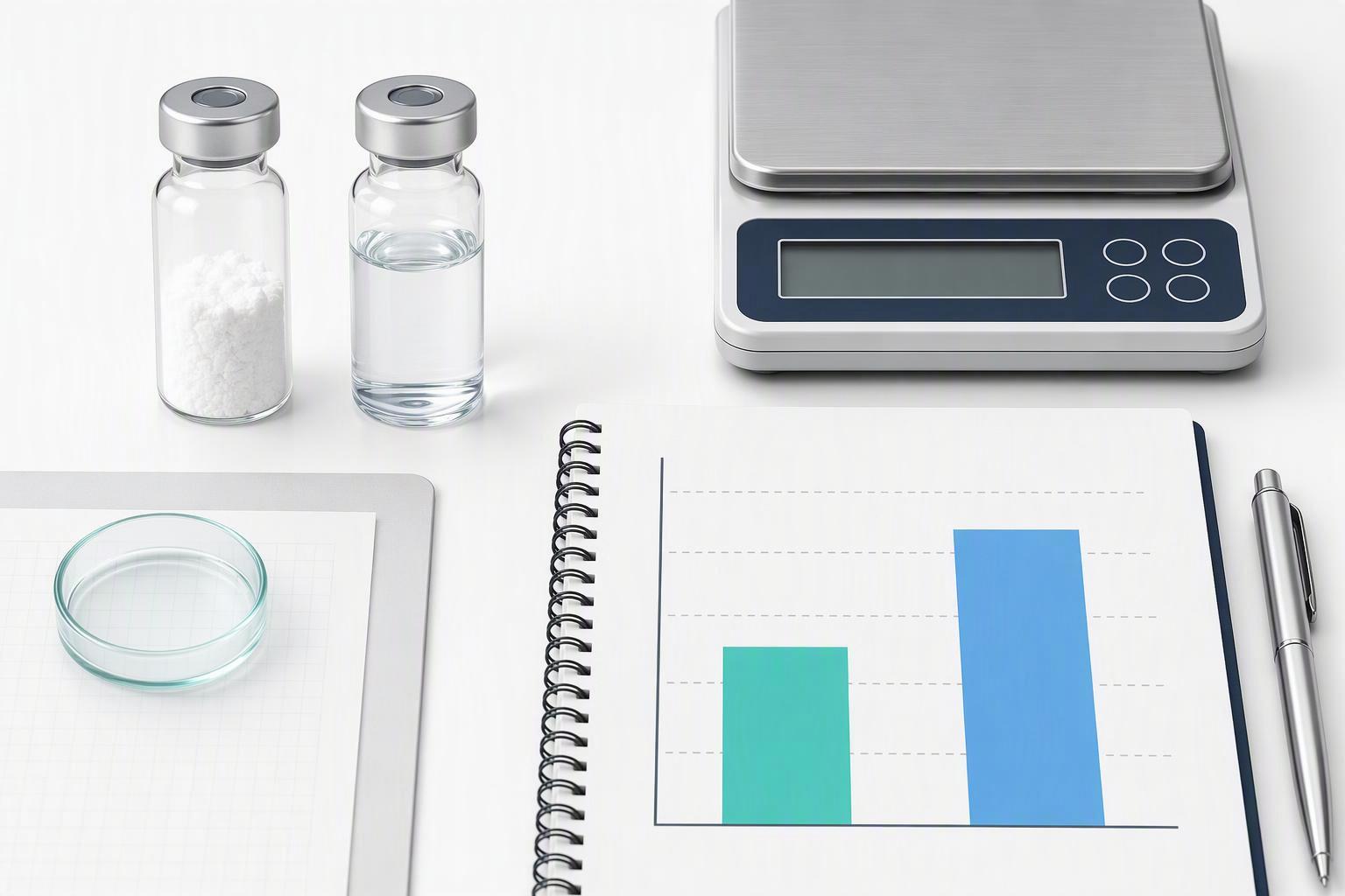 a two-bar comparison of HPLC purity, shown as grades from 70 to 98 درصد, against net peptide content, shown as 50بهo 80