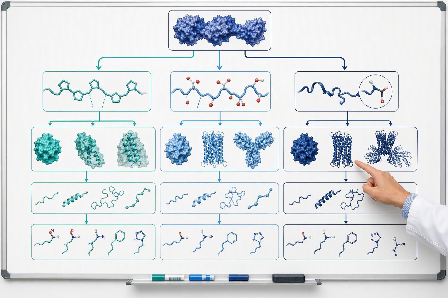 a flowchart from a difficult sequence to a construct decision, branching on motif class (proline-rich, acidic
