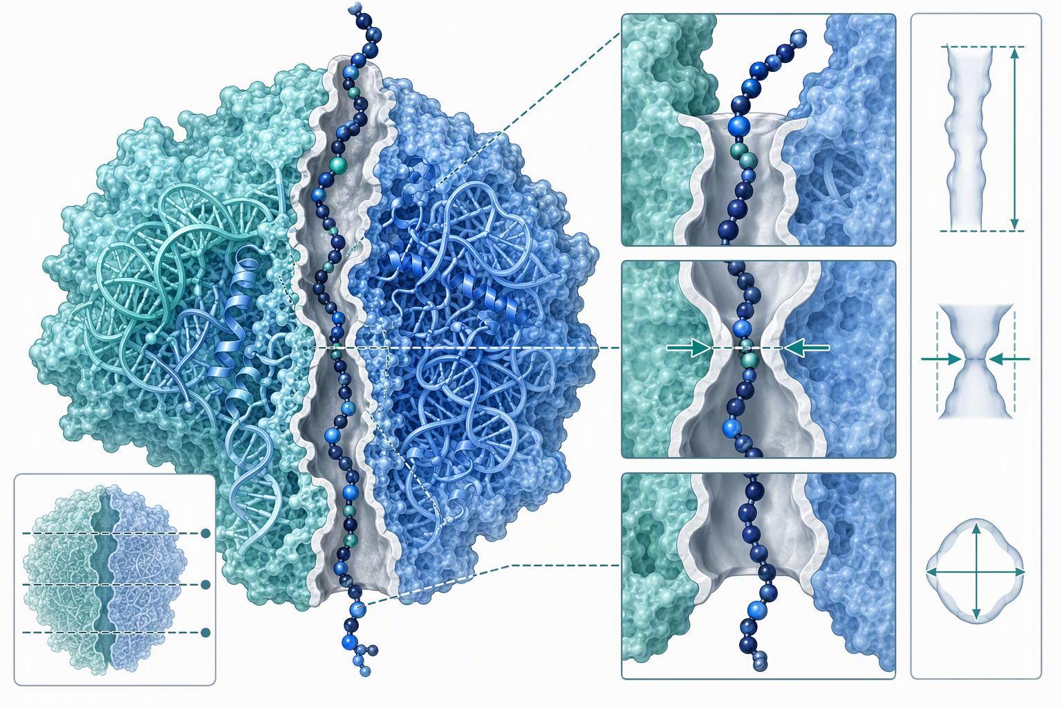 a cross-section of the large ribosomal subunit showing the peptidyl transferase center, the uL4/uL22 constriction, an den