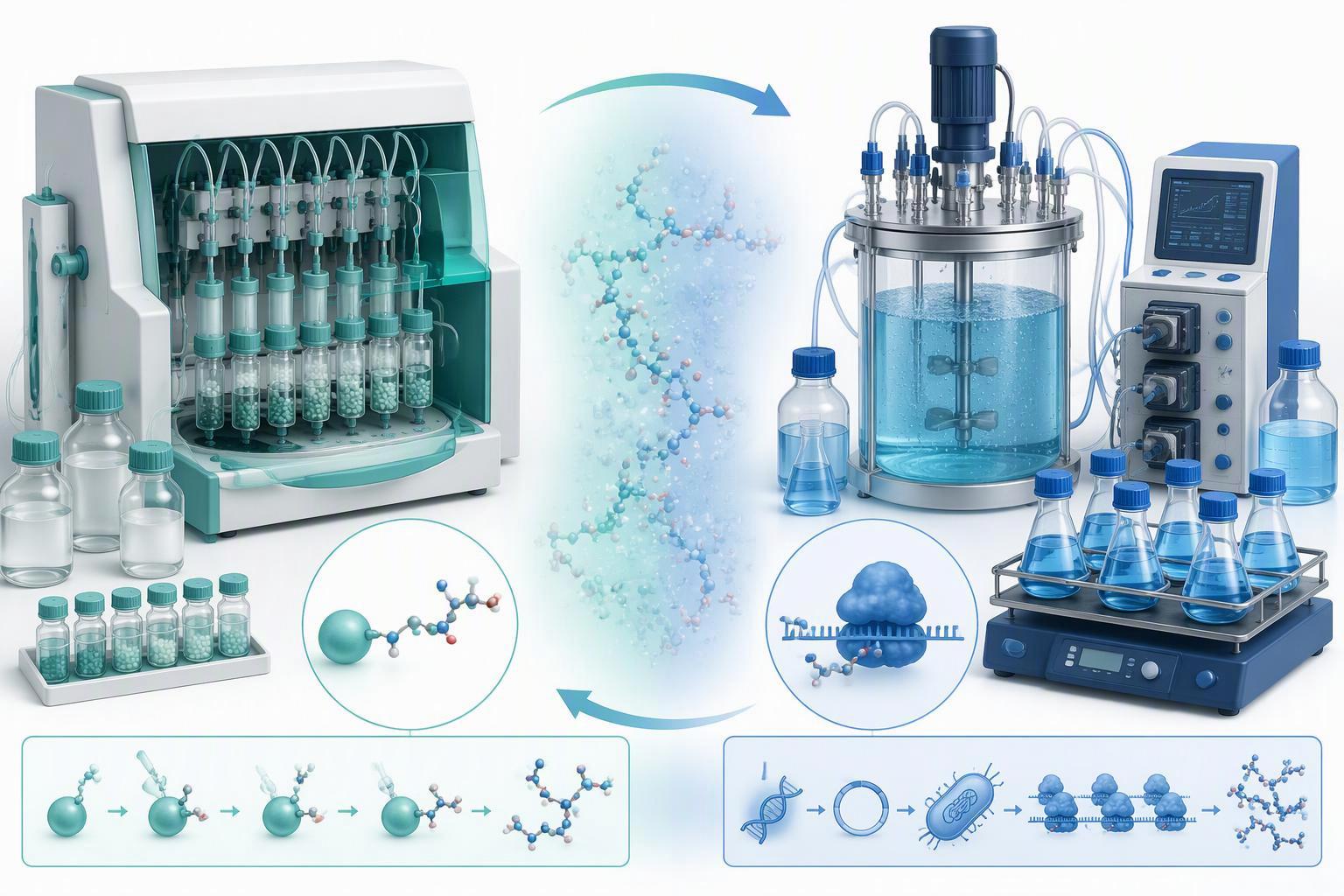 a side-by-side of chemical synthesis and ribosomal expression across sequence length, motif risk, scale and purity control