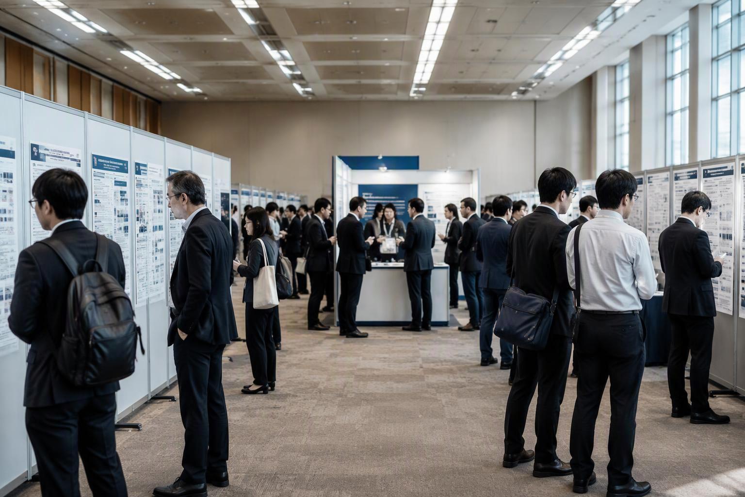 a wide conference-hall or poster-session scene at a Japanese peptide symposium, with delegates at poster boards and a