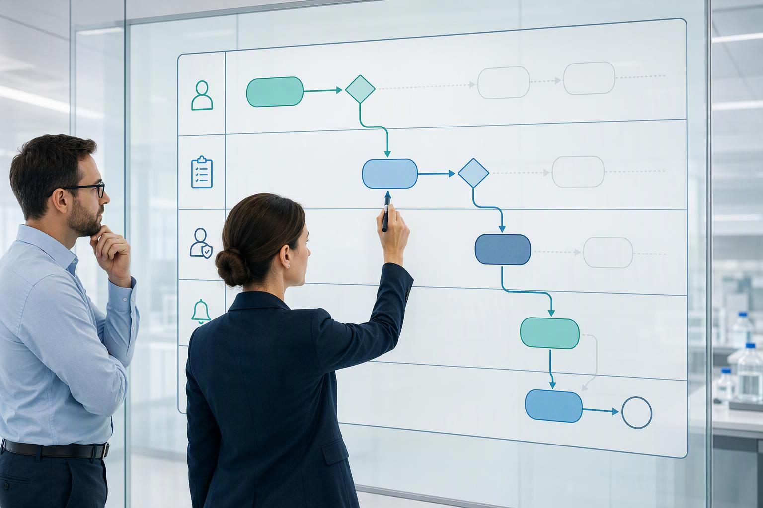a swimlane showing a change request moving from contract facility initiation through classification, quality-unit approval
