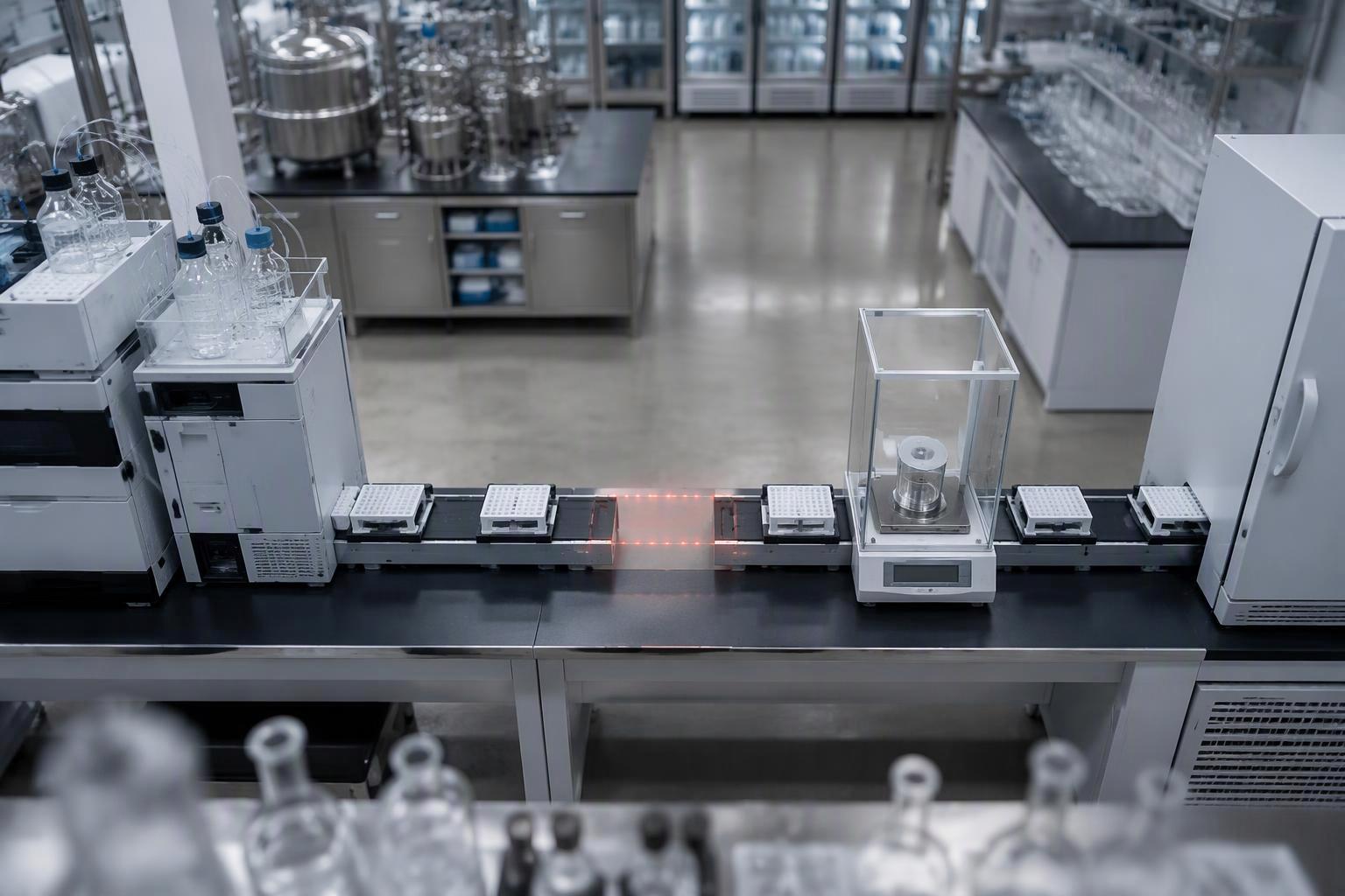 a laboratory bench where separate instrument stations are linked by visible handoff points, with one gap in the chain