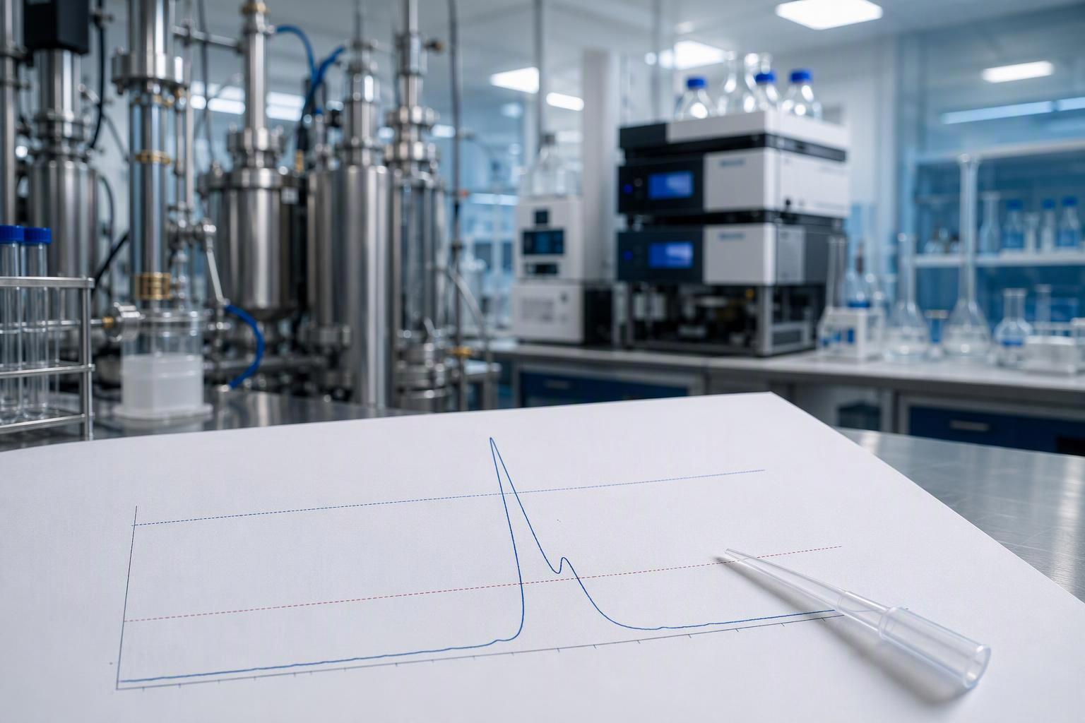 an HPLC trace with the main peptide peak and a small co-eluting impurity shoulder marked against the 0.1, 0.5 E 1.0