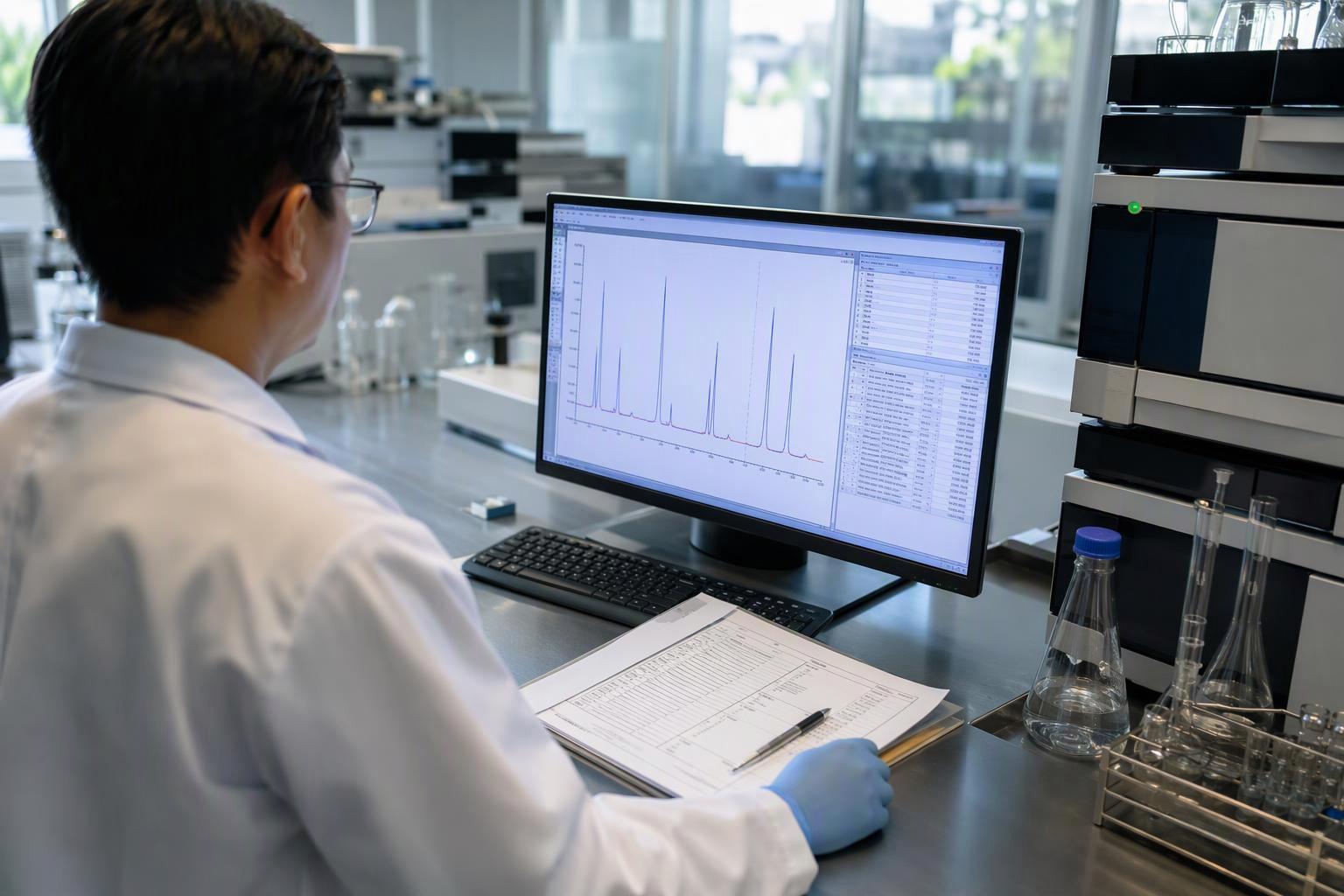 a quality-control analyst reviewing an HPLC chromatogram and its accompanying batch record on screen, with the audit trail