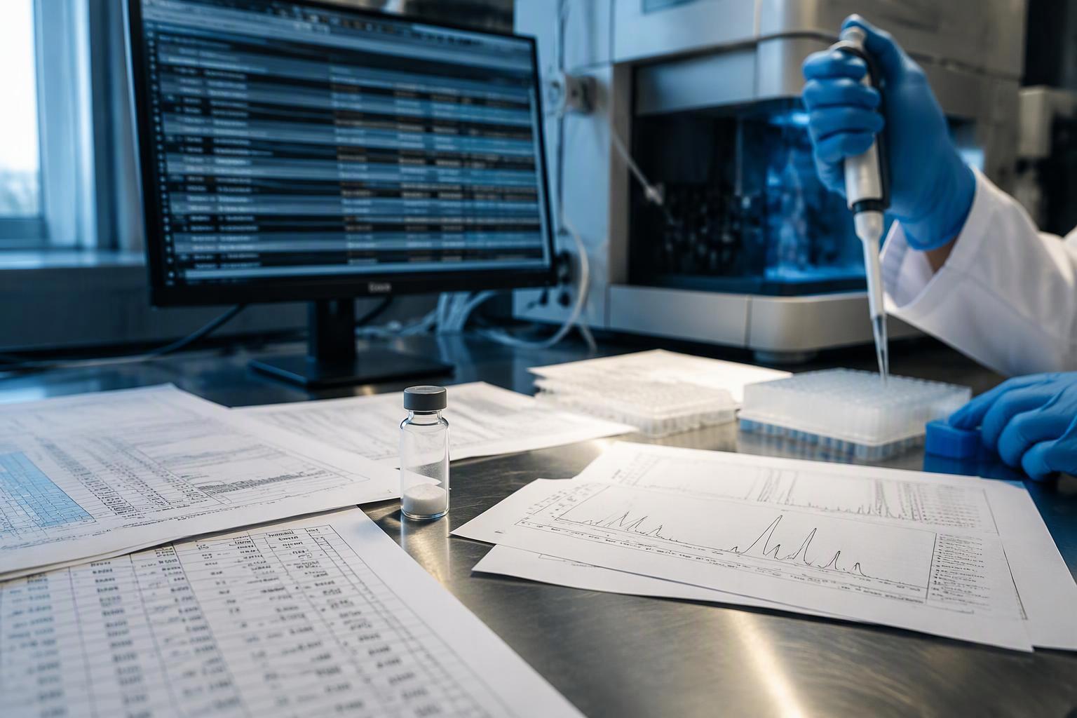 a benchtop with a peptide lot, its CoA and analytical printouts laid out beside a synthesis queue screen