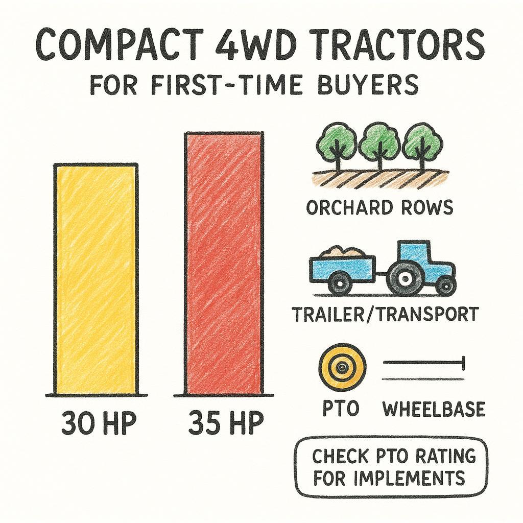 Hand-drawn 30HP vs 35HP infographic with a note to check PTO rating