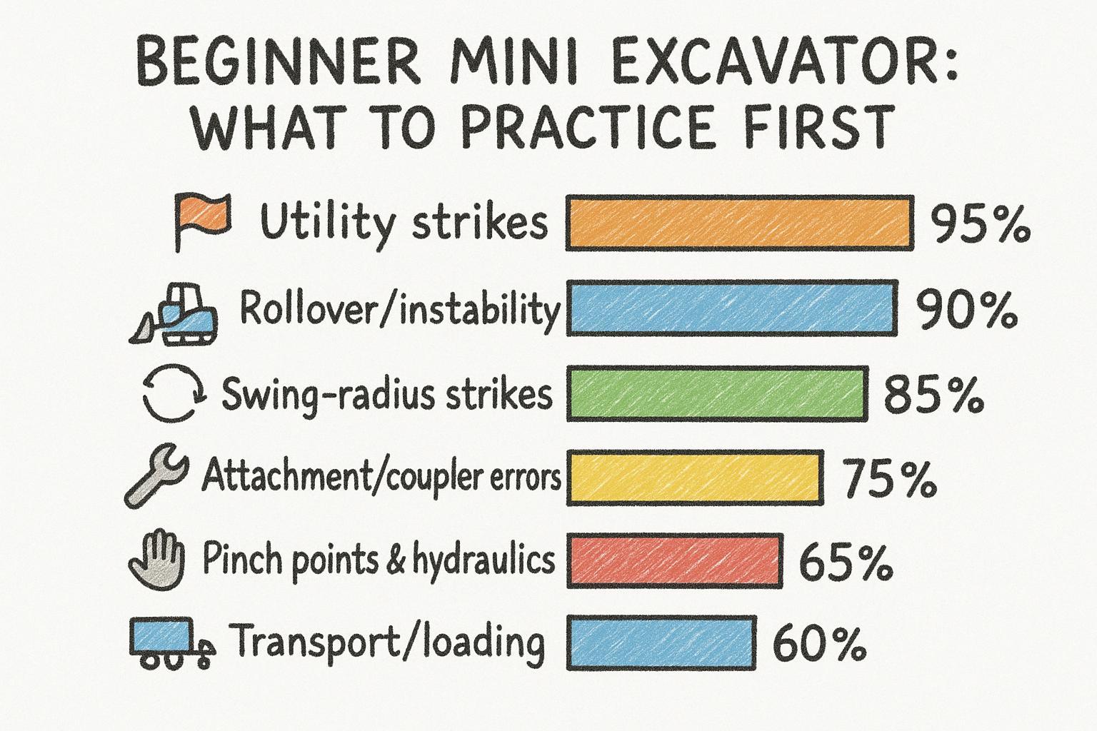 Hand-drawn infographic chart showing beginner mini excavator risk priorities