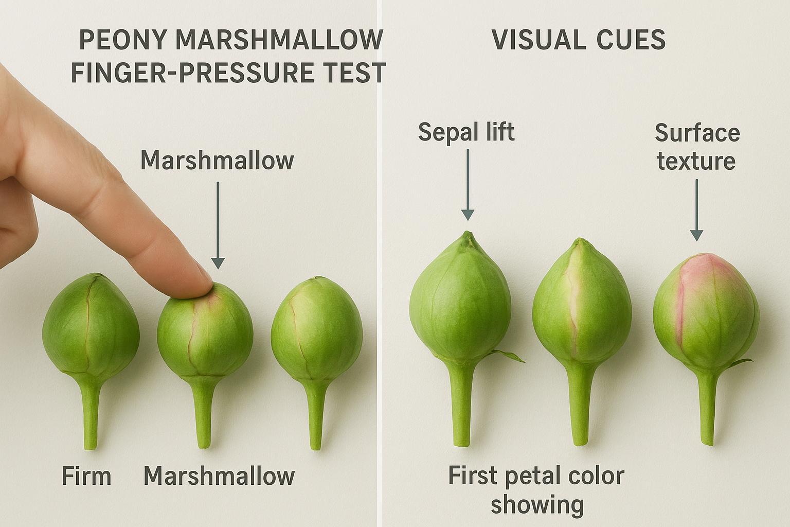 Infographic showing peony marshmallow finger-pressure test mapped to color show and sepal cues