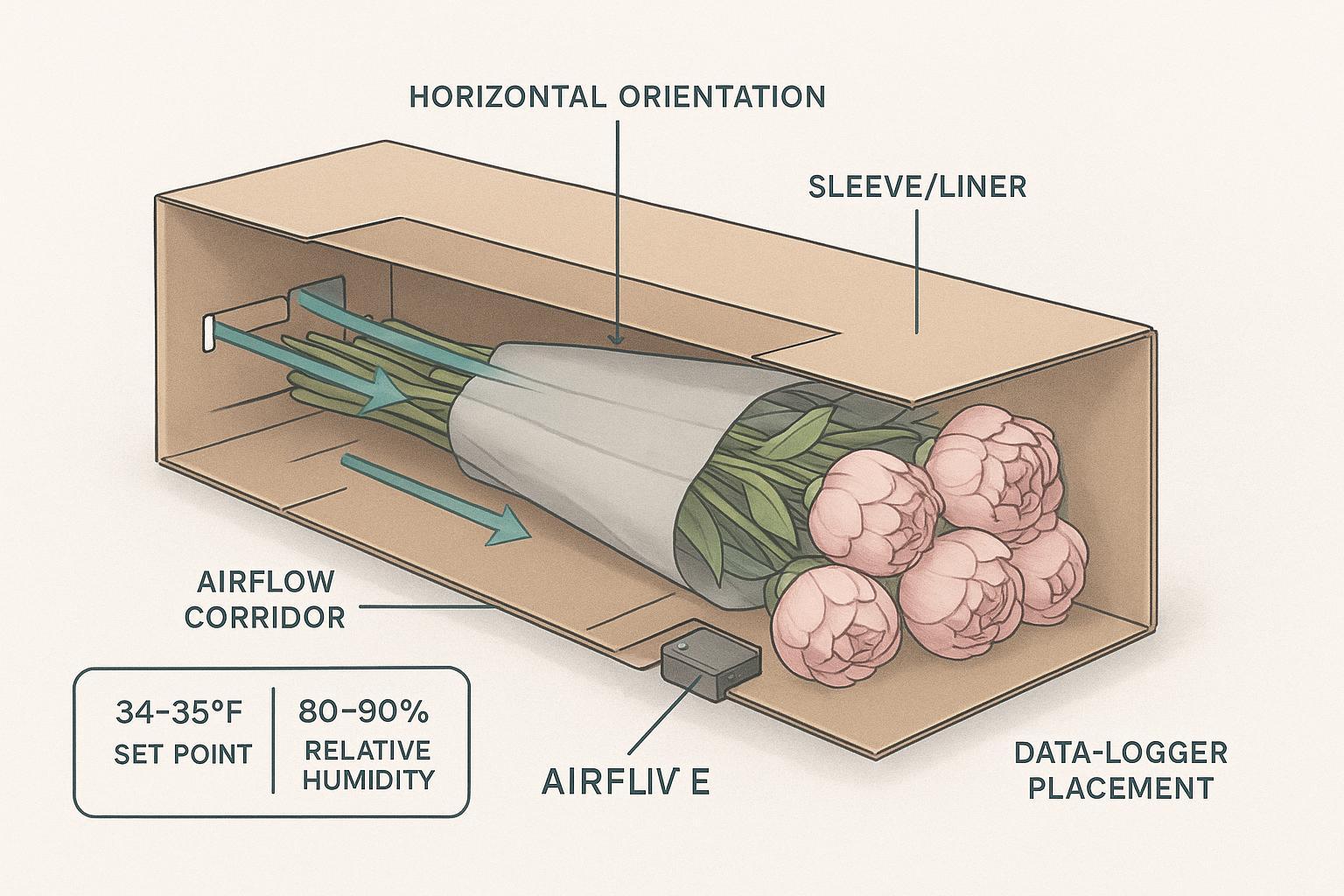 Storage layout diagram of dry-packed peonies in lined cartons with airflow and data-logger callouts