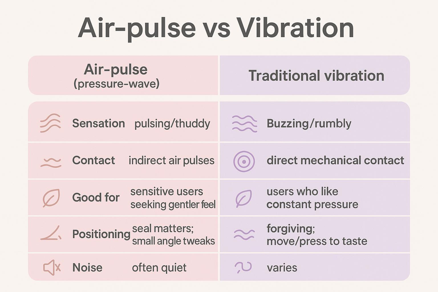 Infographic comparing air‑pulse and vibration: columns show sensation, contact, best for, positioning, and noise with simple icons and short labels.