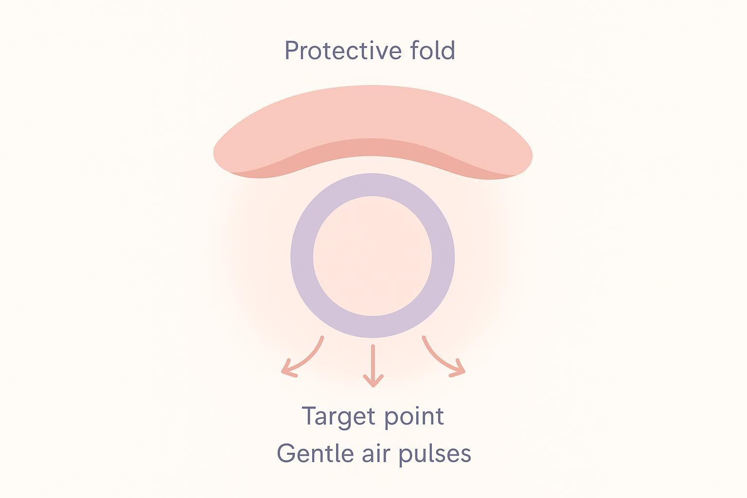 Simplified anatomy schematic showing a soft ring nozzle centred over the clitoral glans beneath the clitoral hood; curved arrows indicate gentle air pulses; labels mark clitoral glans and clitoral hood.