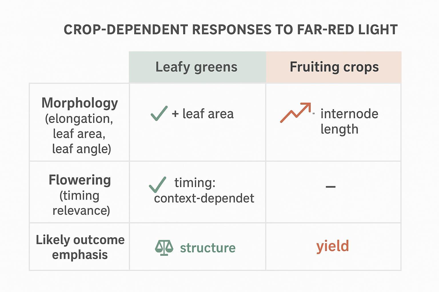 Infographic matrix showing leafy greens vs. fruiting crops responses to far-red light