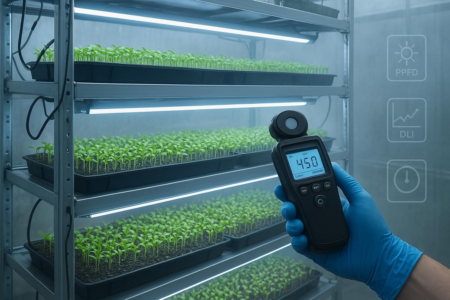 Vertical farming rack with seedlings under LED grow lights, PPFD reading at tray height