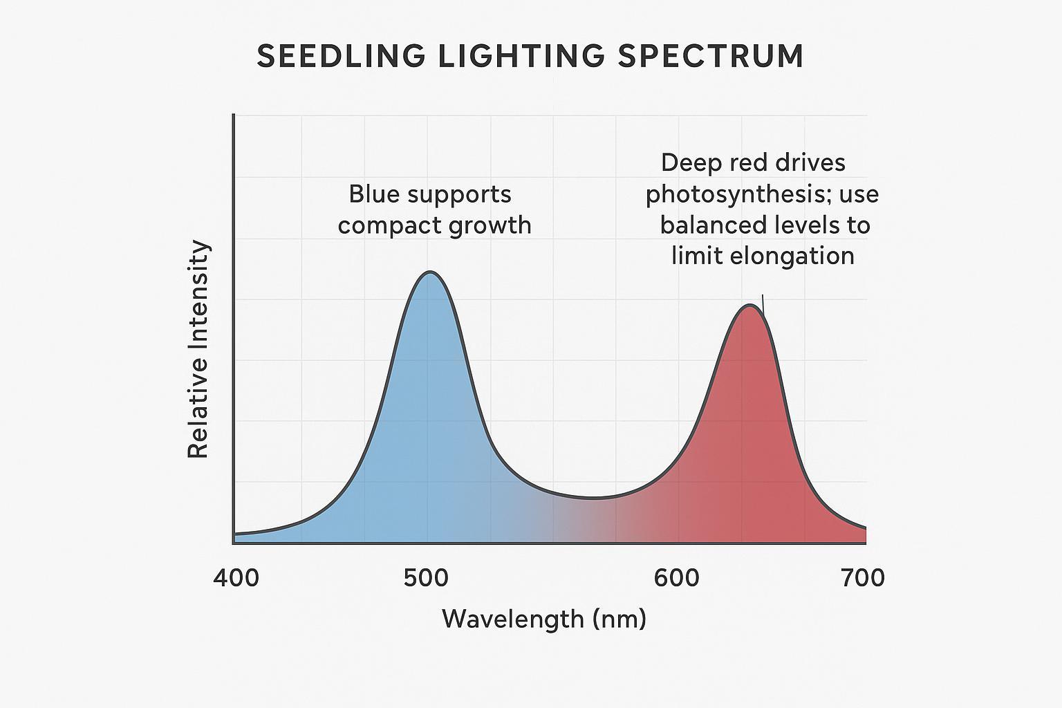 Seedling grow light spectrum diagram showing blue 450–470 nm and deep red 620–660 nm peaks