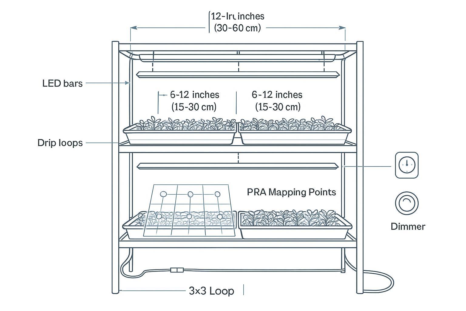 Vertical rack lighting diagram with bar spacing, height, drip loops, and 3×3 PAR mapping points