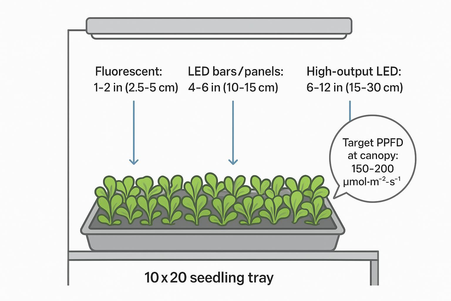 Diagram of recommended starting distances for grow lights over lettuce seedlings