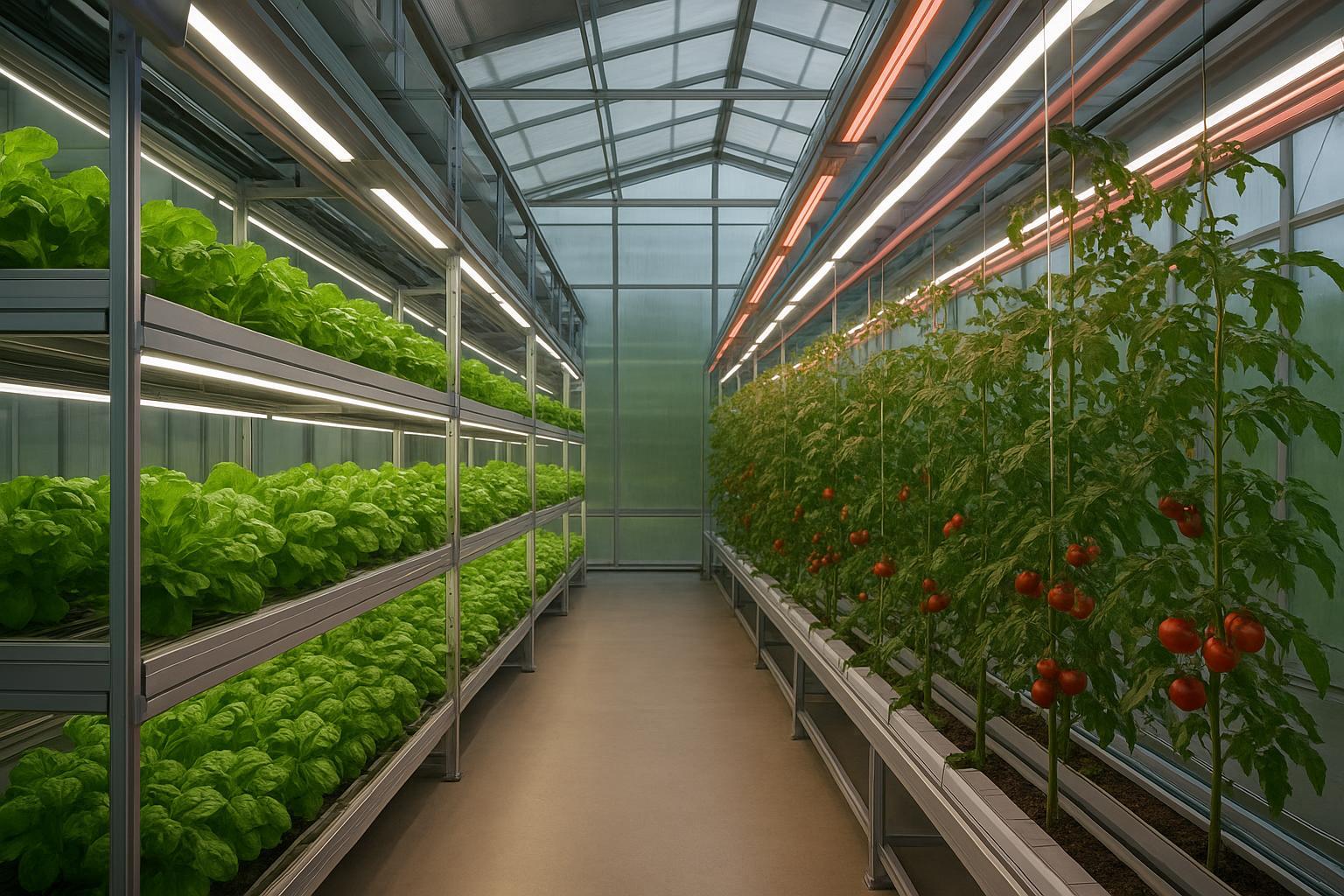 Greenhouse and vertical farm aisle illuminated by full spectrum and colored LED grow lights supporting lettuce, basil, and tomato crops
